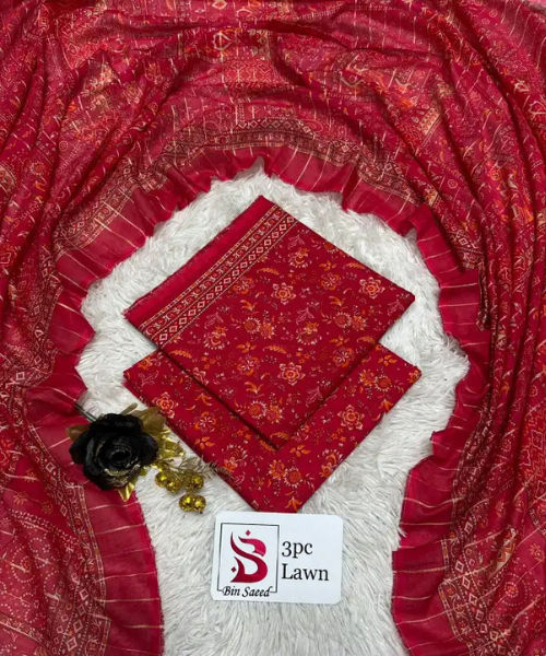 3 Pieces - Bin Saeed Unstitched  Red Ladies Lawn Suit