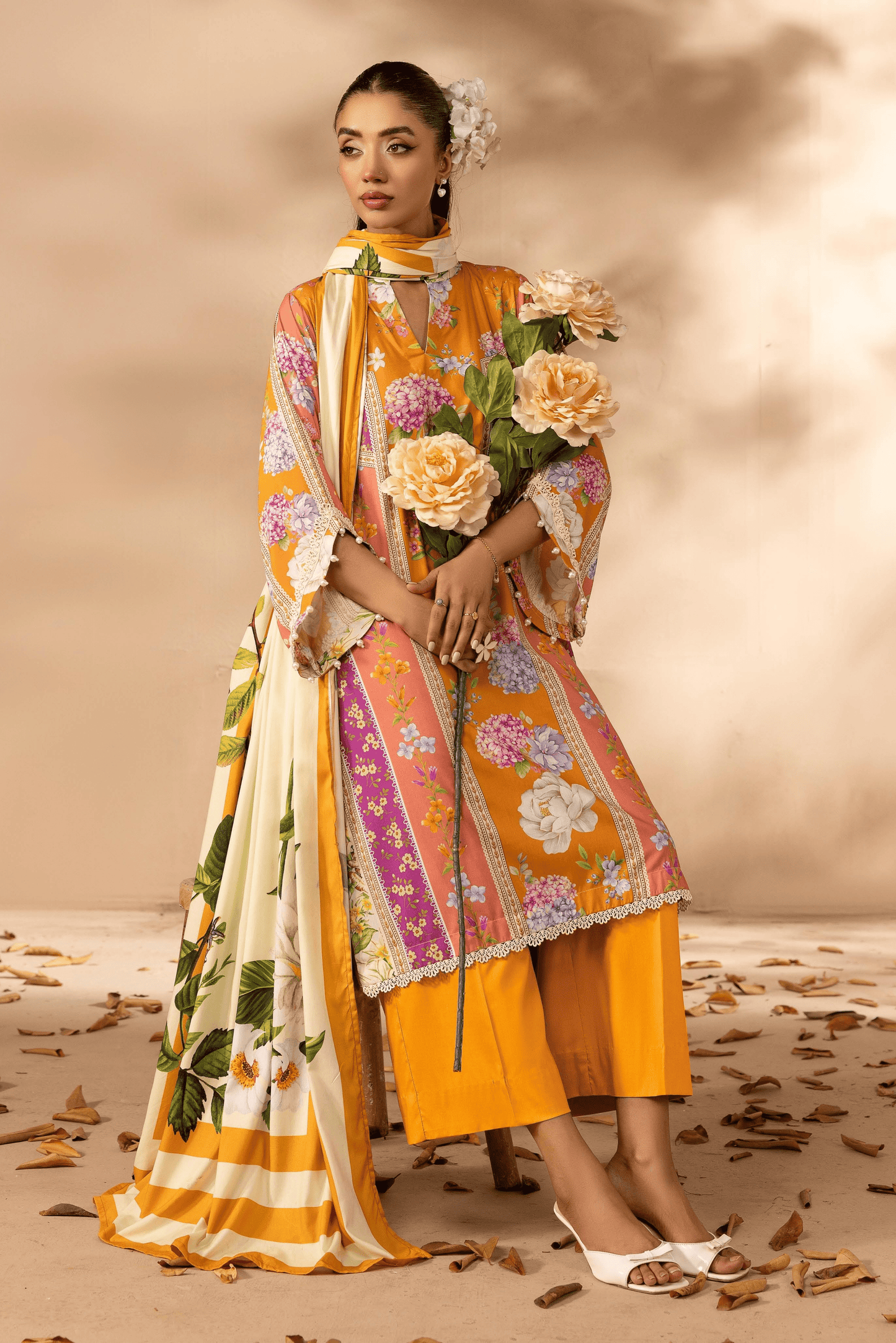3 Pieces - Rangreza Unstitched Orange Printed Linen Suit