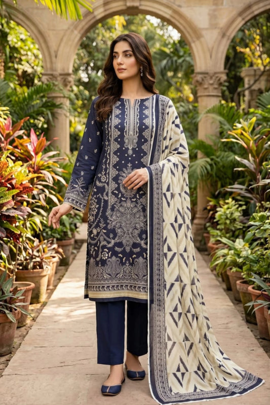 3 Pieces - Sohni Dharti Unstitched Dark Blue Colour Premium Print Lawn Suit