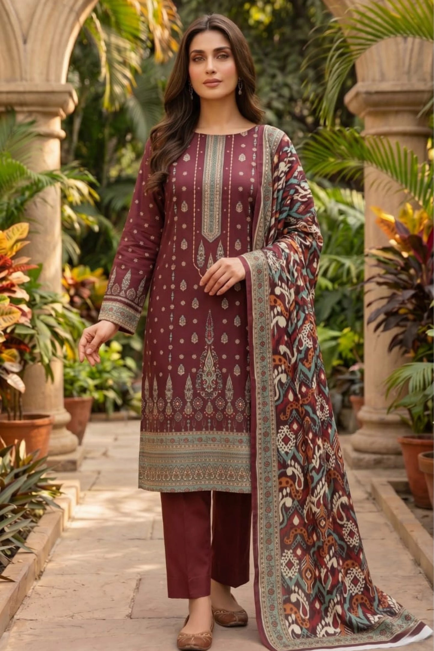 3 Pieces - Sohni Dharti Unstitched Maroon Colour Premium Print Lawn Suit