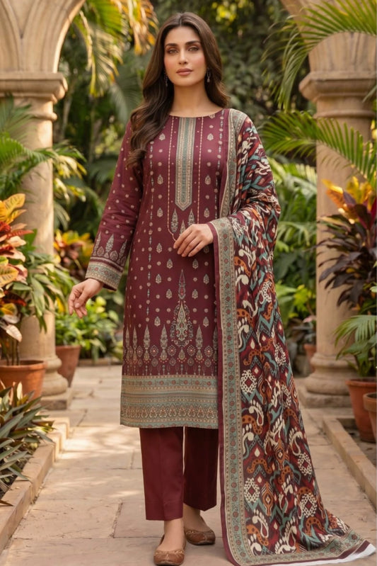 3 Pieces - Sohni Dharti Unstitched Maroon Colour Premium Print Lawn Suit