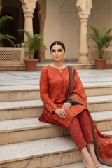 3 Pieces - Marooj Unstitched Redish BanaDora Linen Suit