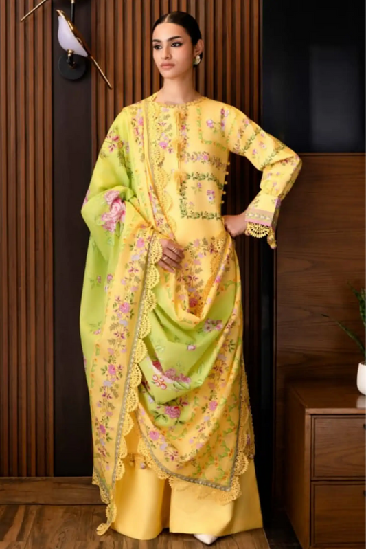 3 Pieces - NAQSH Unstitched Lemon Ladies Lawn Suit