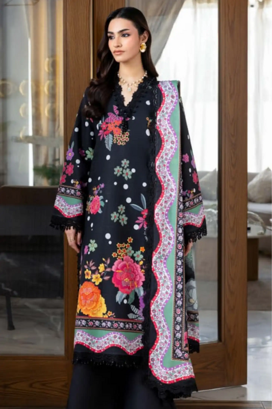 3 Pieces - NAQSH Unstitched  Black Ladies Lawn Suit