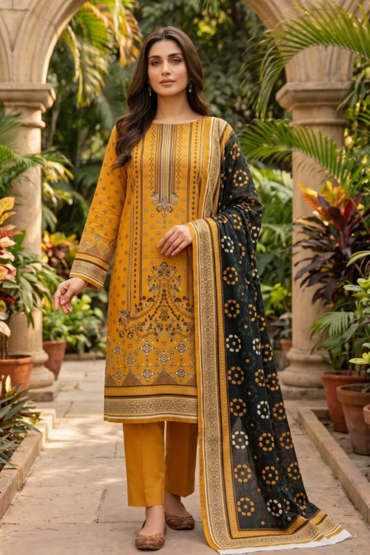 3 Pieces - Sohni Dharti Unstitched Mustard Colour Premium Print Lawn Suit