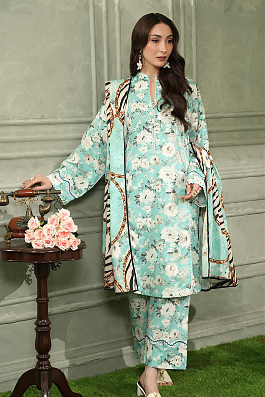 3 Pieces - Regalia Unstitched Sky Blue Printed Linen Suit