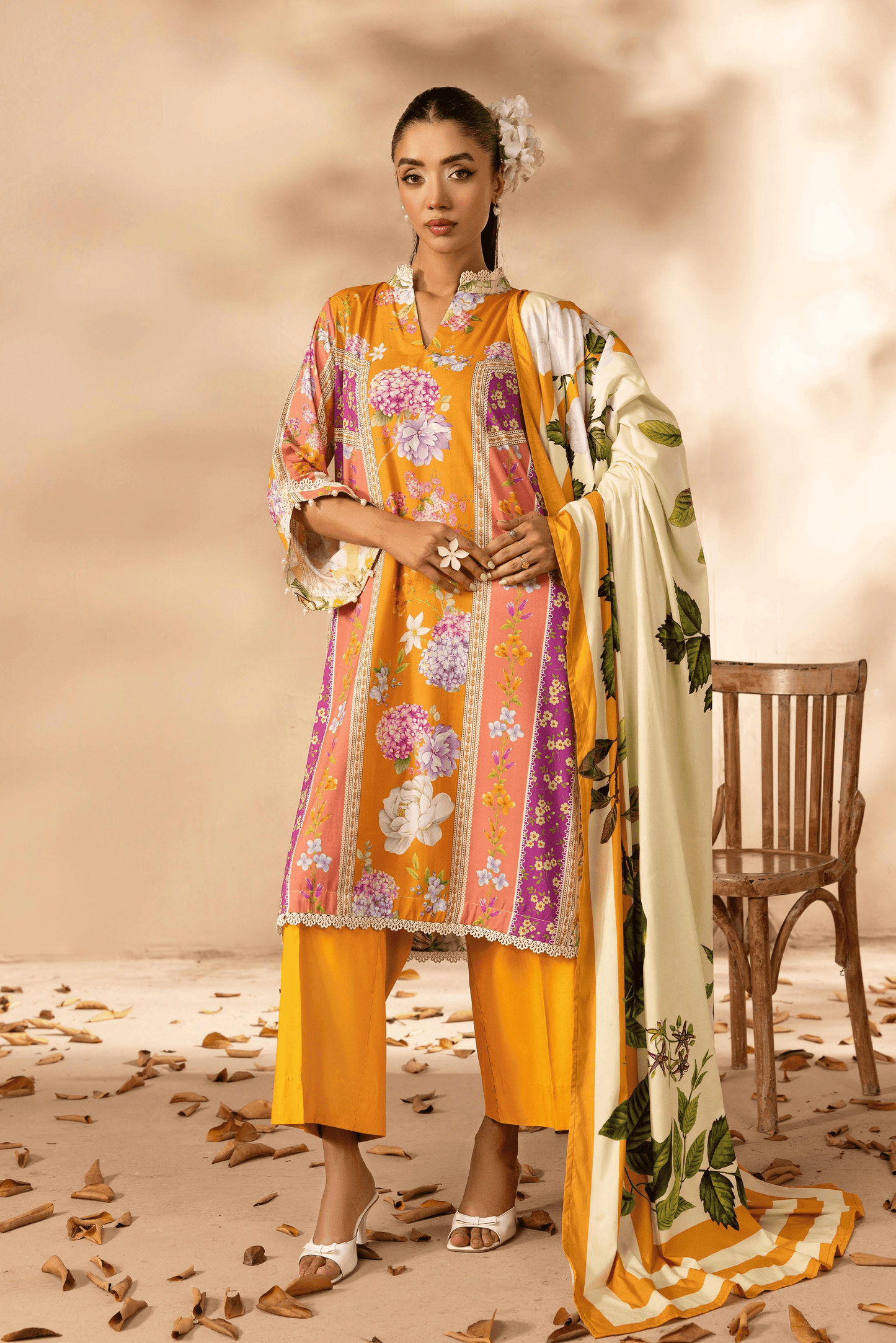 3 Pieces - Rangreza Unstitched Orange Printed Linen Suit