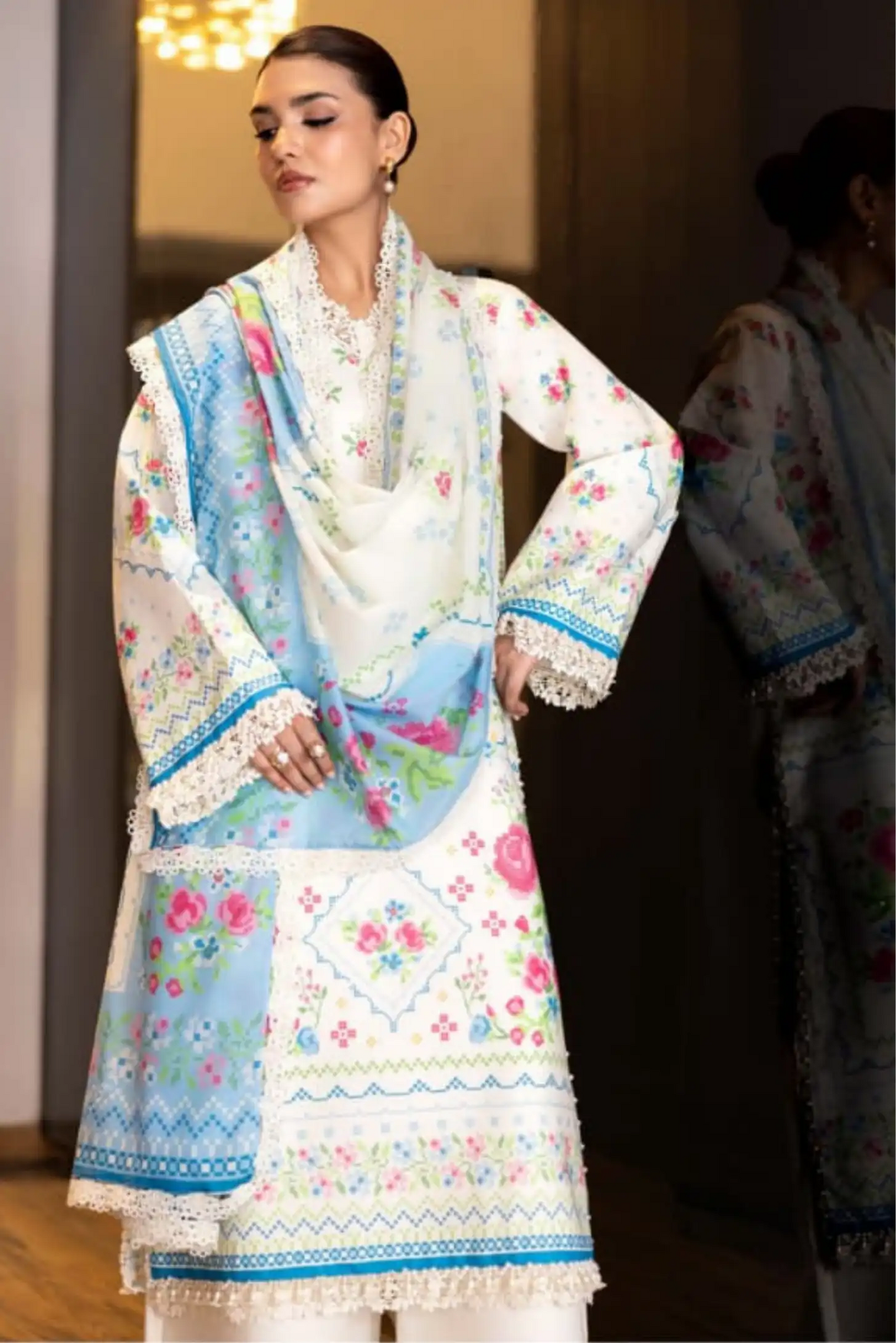 3 Pieces - NAQSH Unstitched Off-White Ladies Lawn Suit