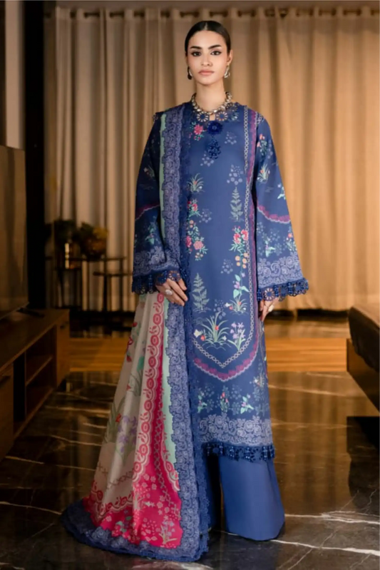 3 Pieces - NAQSH Unstitched Blue Ladies Lawn Suit
