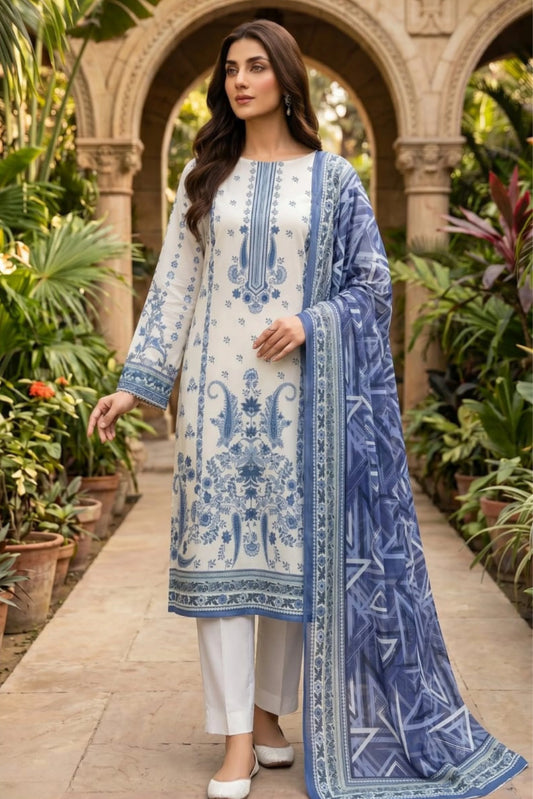 3 Pieces - Sohni Dharti Unstitched Off-White Colour Premium Print Lawn Suit