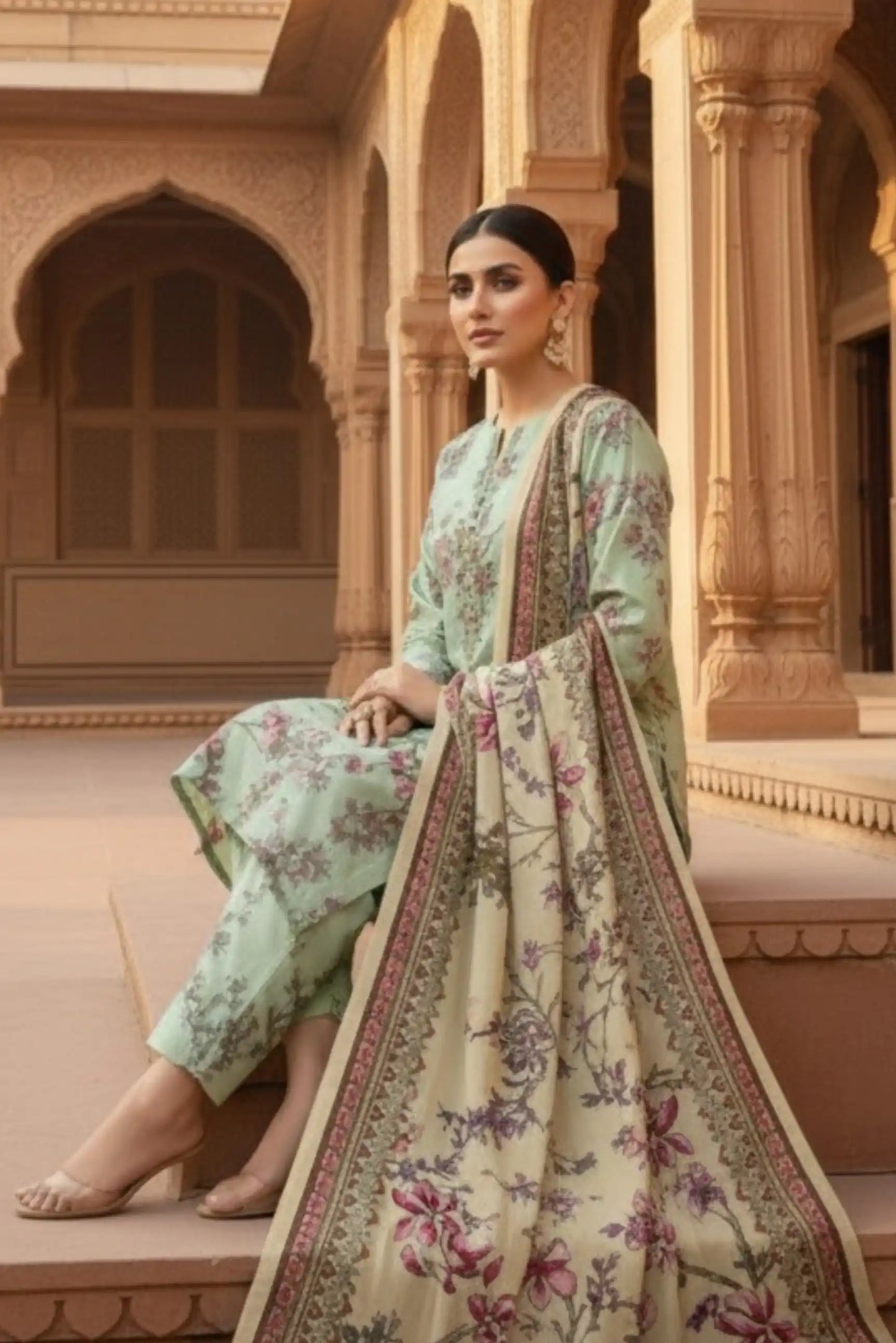 3 Pieces - Marooj Unstitched Sea Green BanaDora Linen Suit
