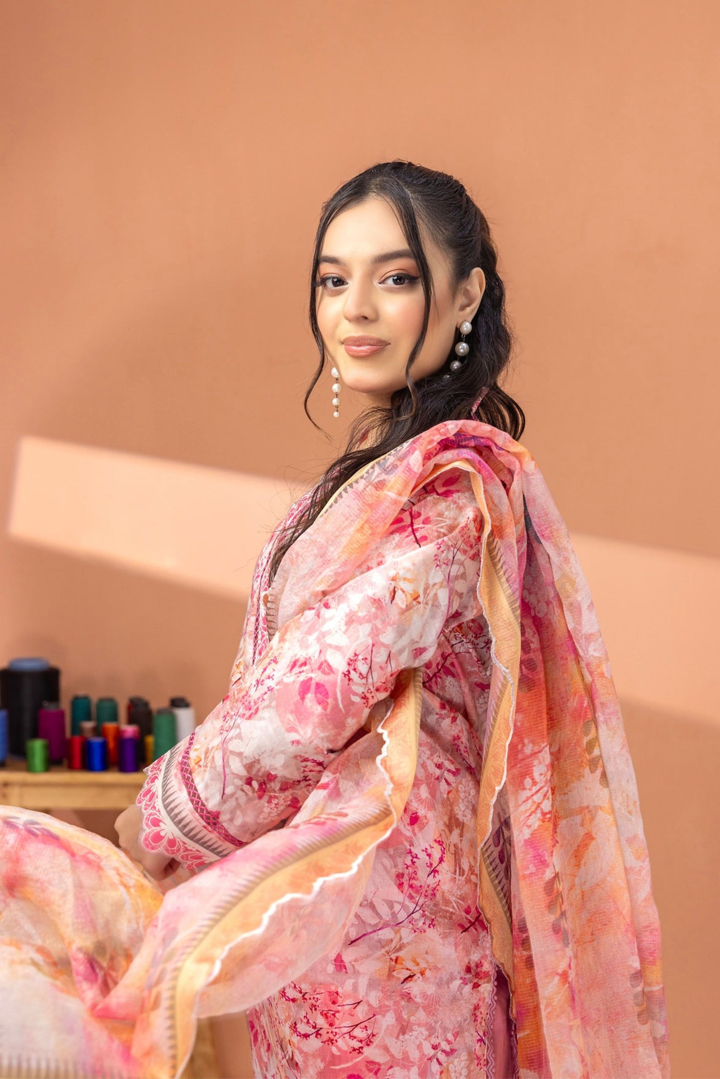 3 Pieces - Regalia Unstitched Baby Pink Fancy Zari Dupatta Printed Shirt Lawn Suit