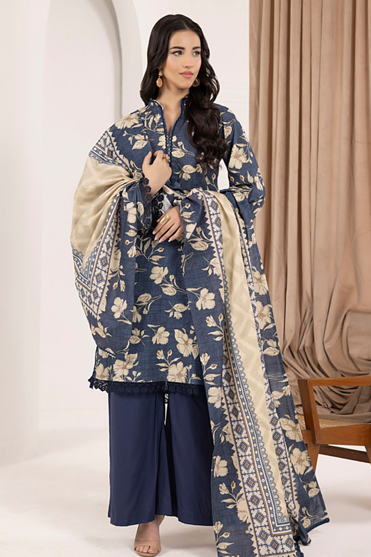 3 Pieces - Regalia Unstitched Graish Blue Printed Khaddar Suit