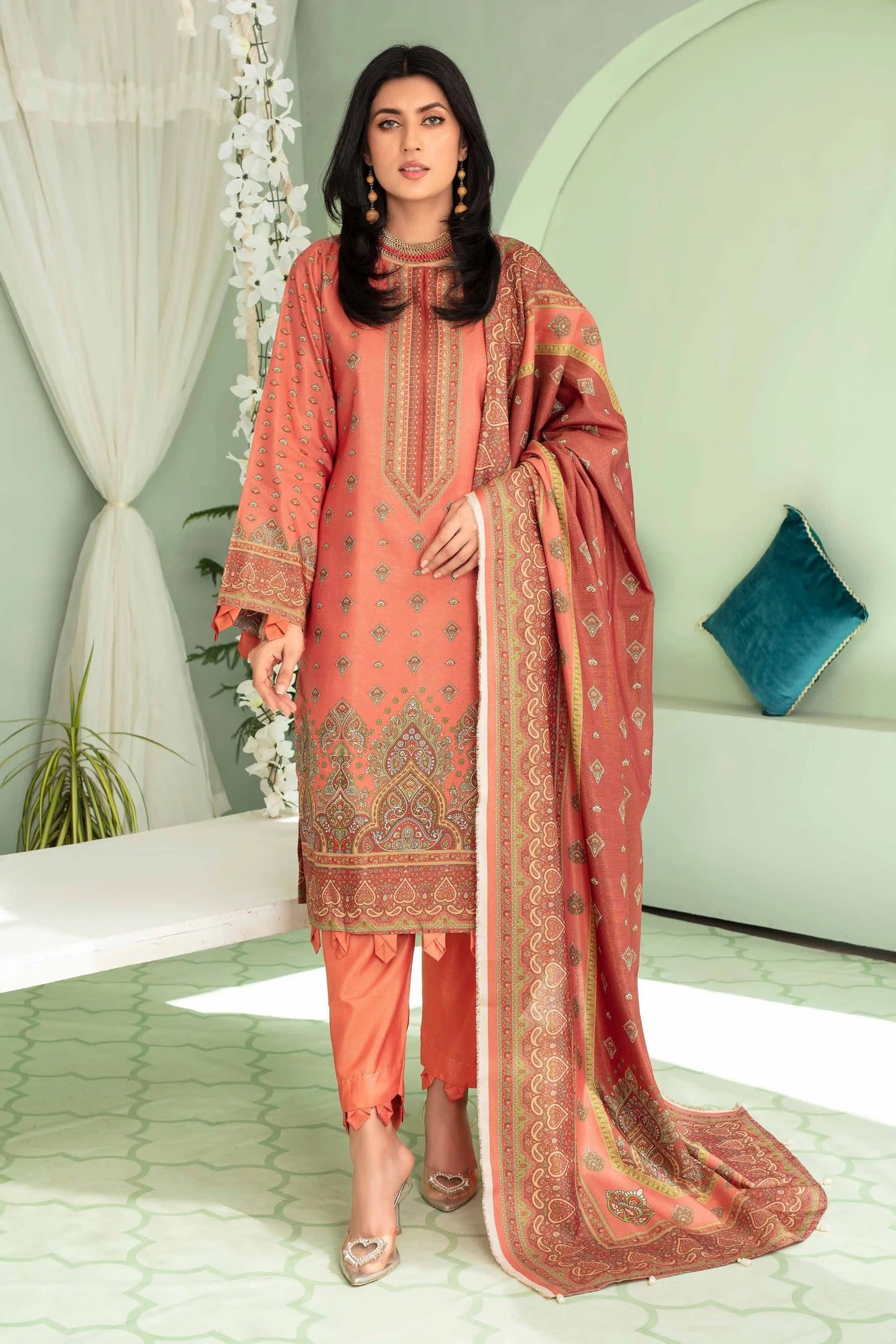 3 Pieces - Aizal Unstitched Baby Pink Printed Shamray Linen Suit