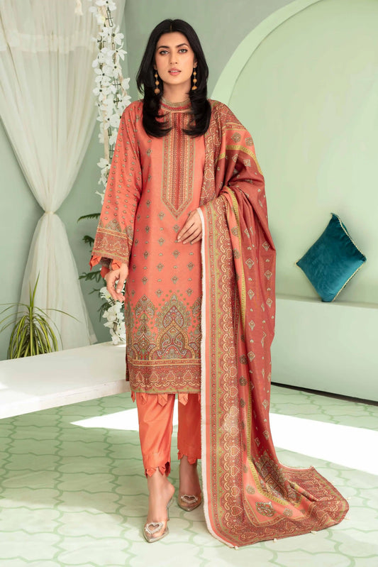3 Pieces - Aizal Unstitched Baby Pink Printed Shamray Linen Suit
