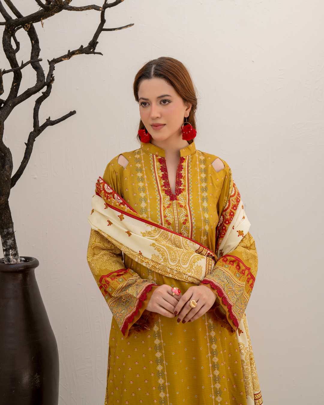 3 Pieces - Marooj Unstitched Mustard Yellow BanaDora Linen Suit