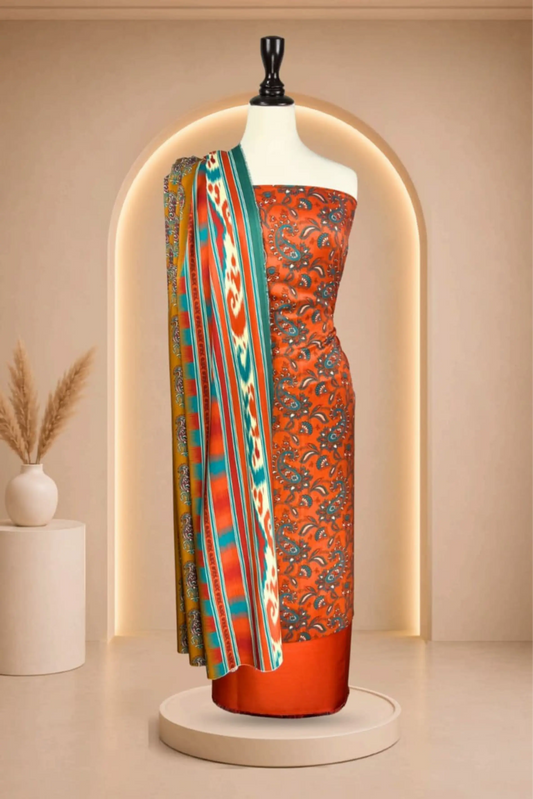 3 Pieces - Rijja By Murashe Unstitched Orange Ladies Viscos Suit