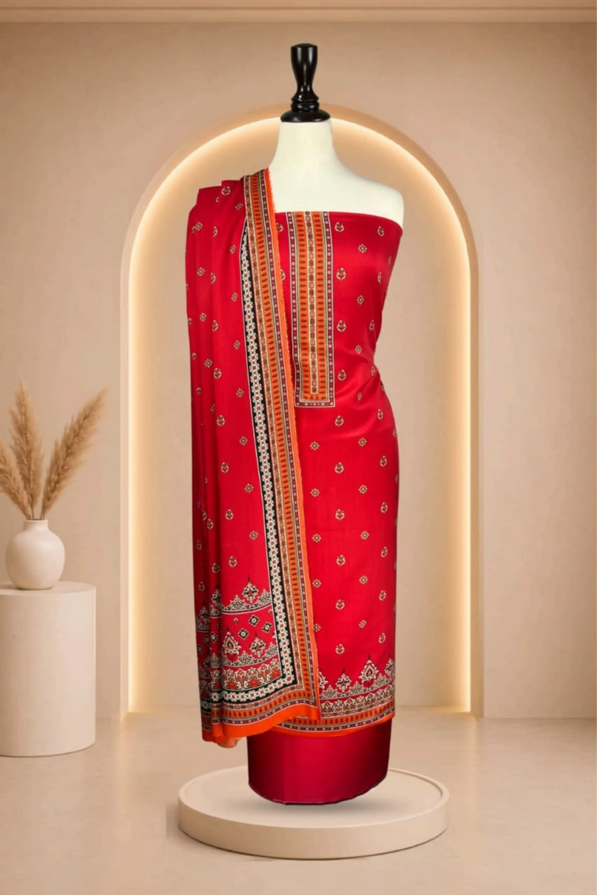 3 Pieces - Rijja By Murashe Unstitched Red Ladies Viscos Suit