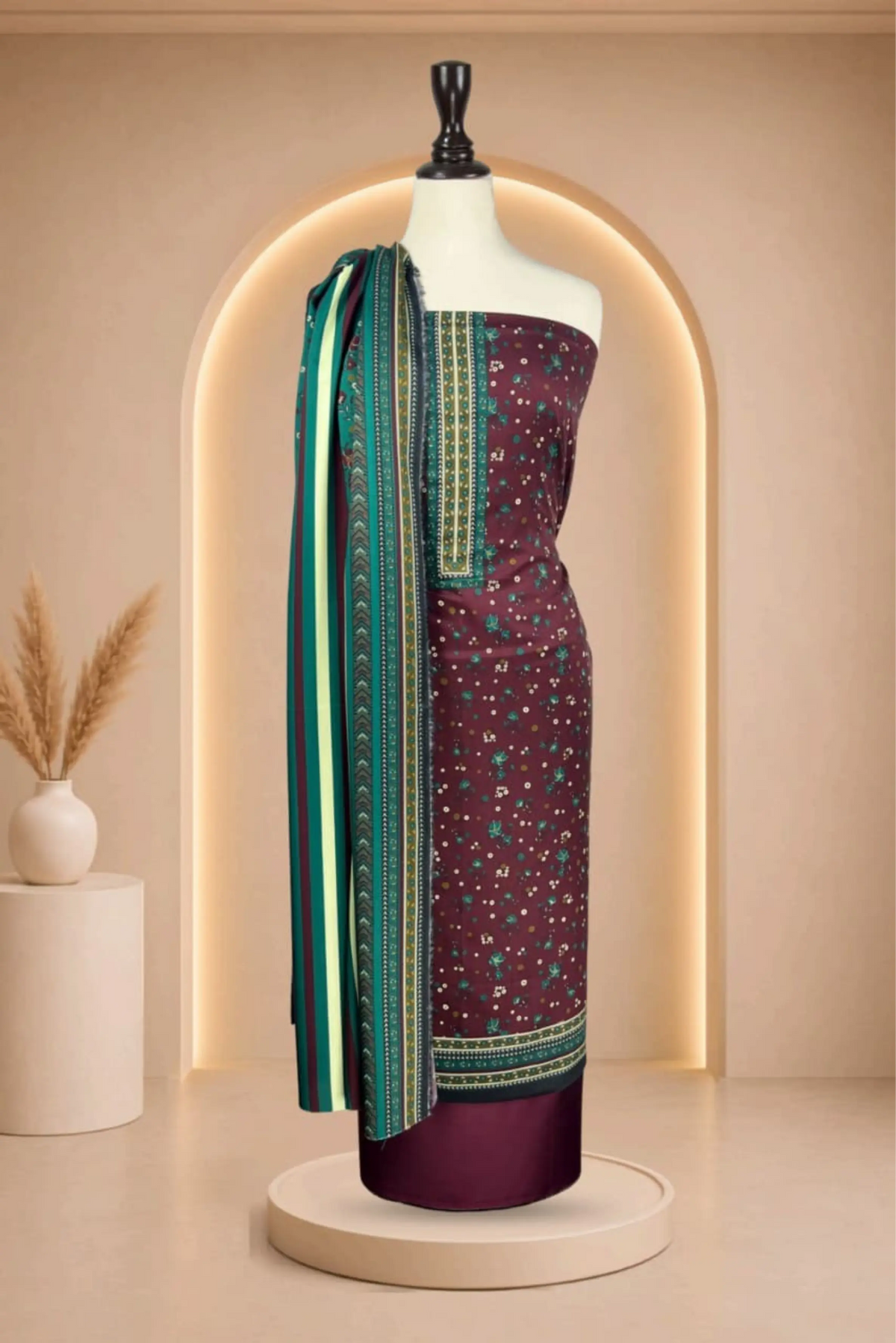 3 Pieces - Rijja By Murashe Unstitched Maroon Ladies Viscos Suit