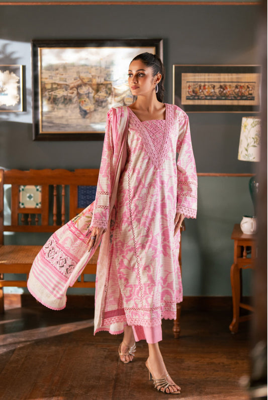 3 Pieces - Regalia Unstitched Baby Pink Bana Dora Lawn Suit 
