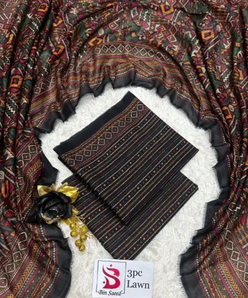 3 Pieces - Bin Saeed Unstitched  Black Ladies Lawn Suit