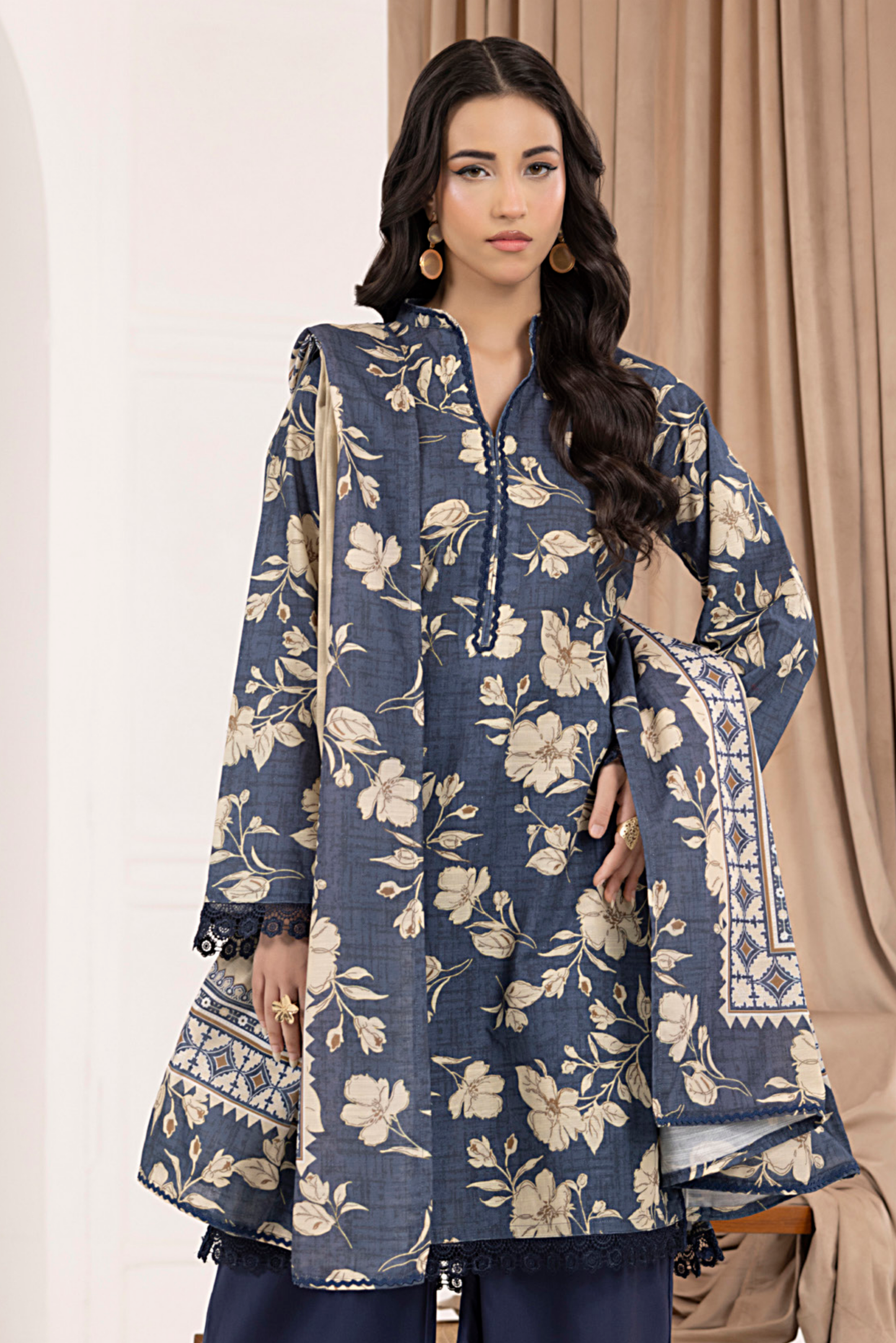 3 Pieces - Regalia Unstitched Graish Blue Printed Khaddar Suit