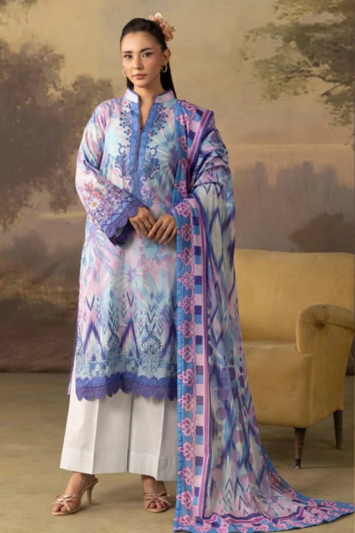 3 Pieces - Rangreza Unstitched  Light Purple Lawn Suit