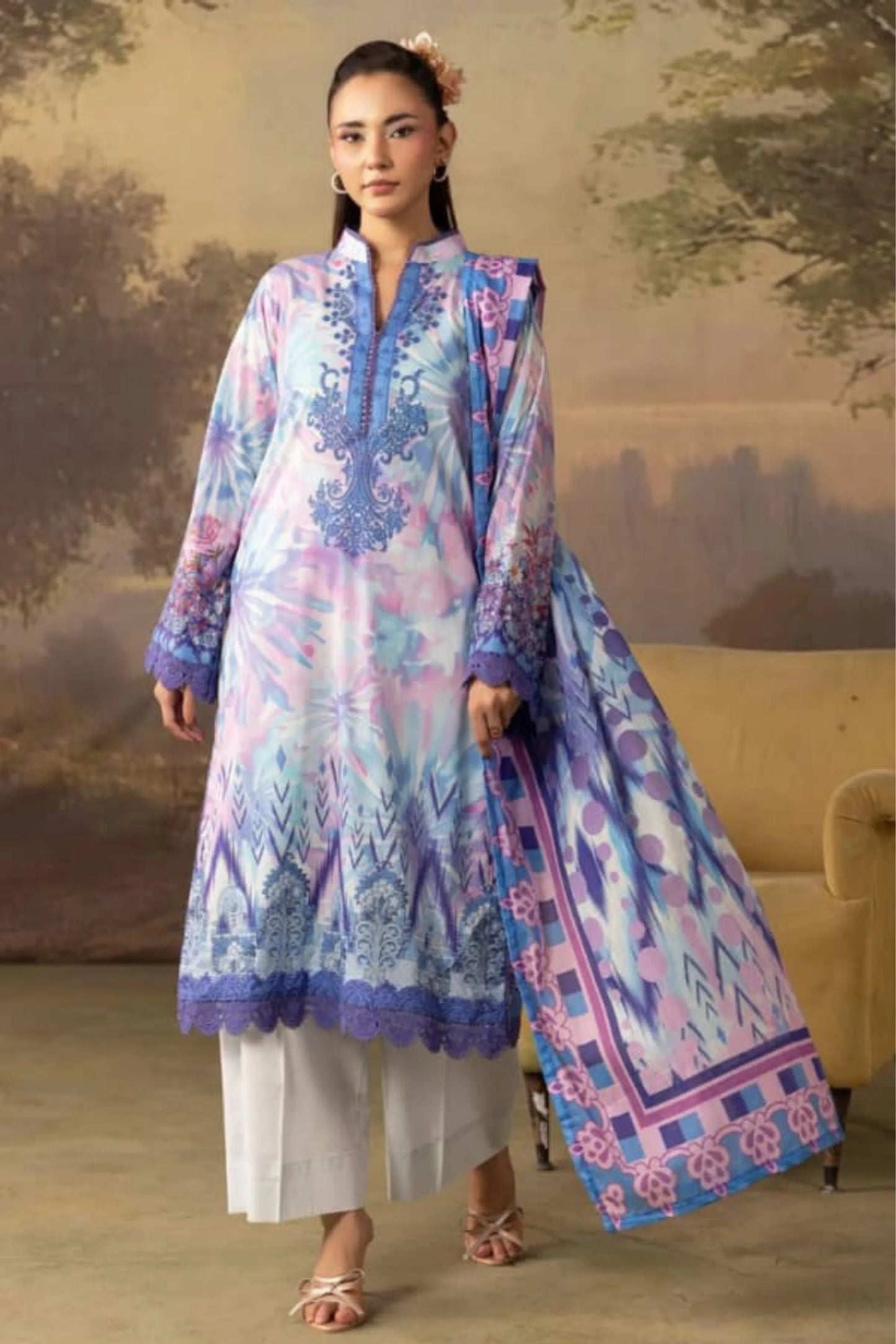 3 Pieces - Rangreza Unstitched  Light Purple Lawn Suit