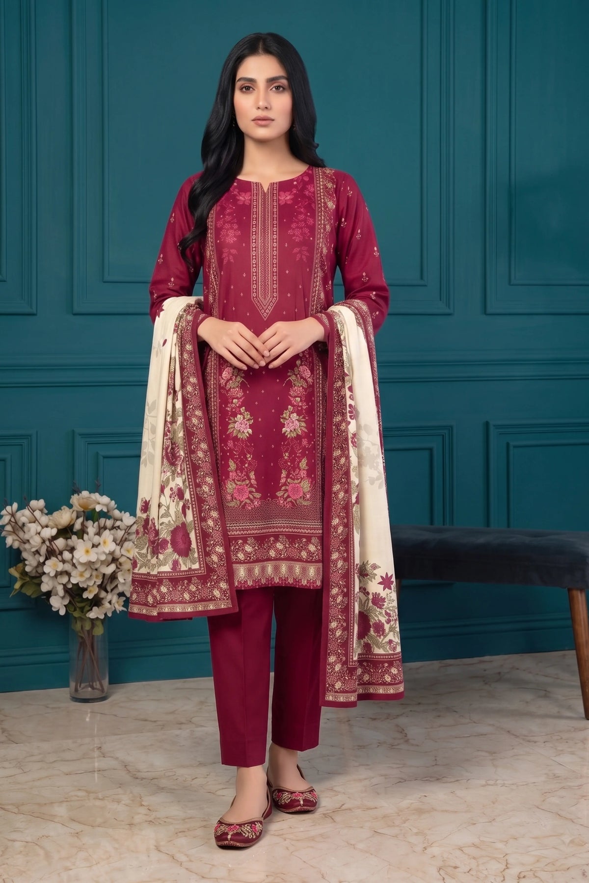 3 Piece - Marooj Ethnic Premium Printed Unstitched Red khaddar Suit