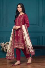 3 Piece - Marooj Ethnic Premium Printed Unstitched Red khaddar Suit