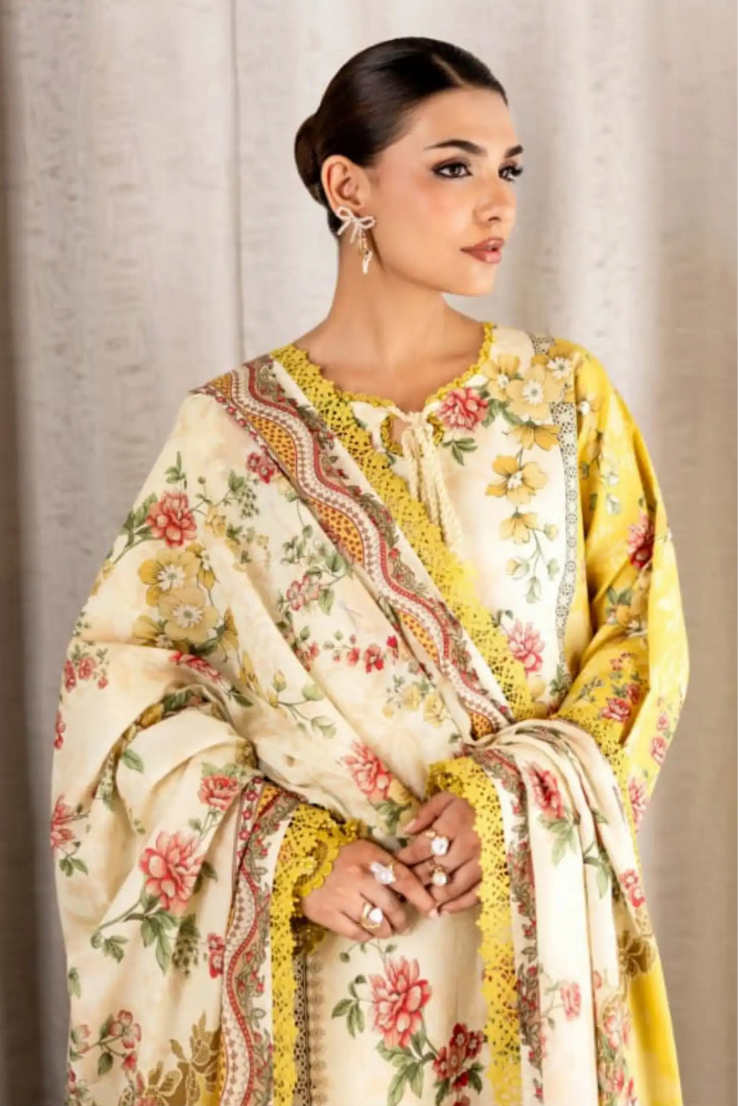 3 Pieces - NAQSH Unstitched Yellow  Ladies Lawn Suit