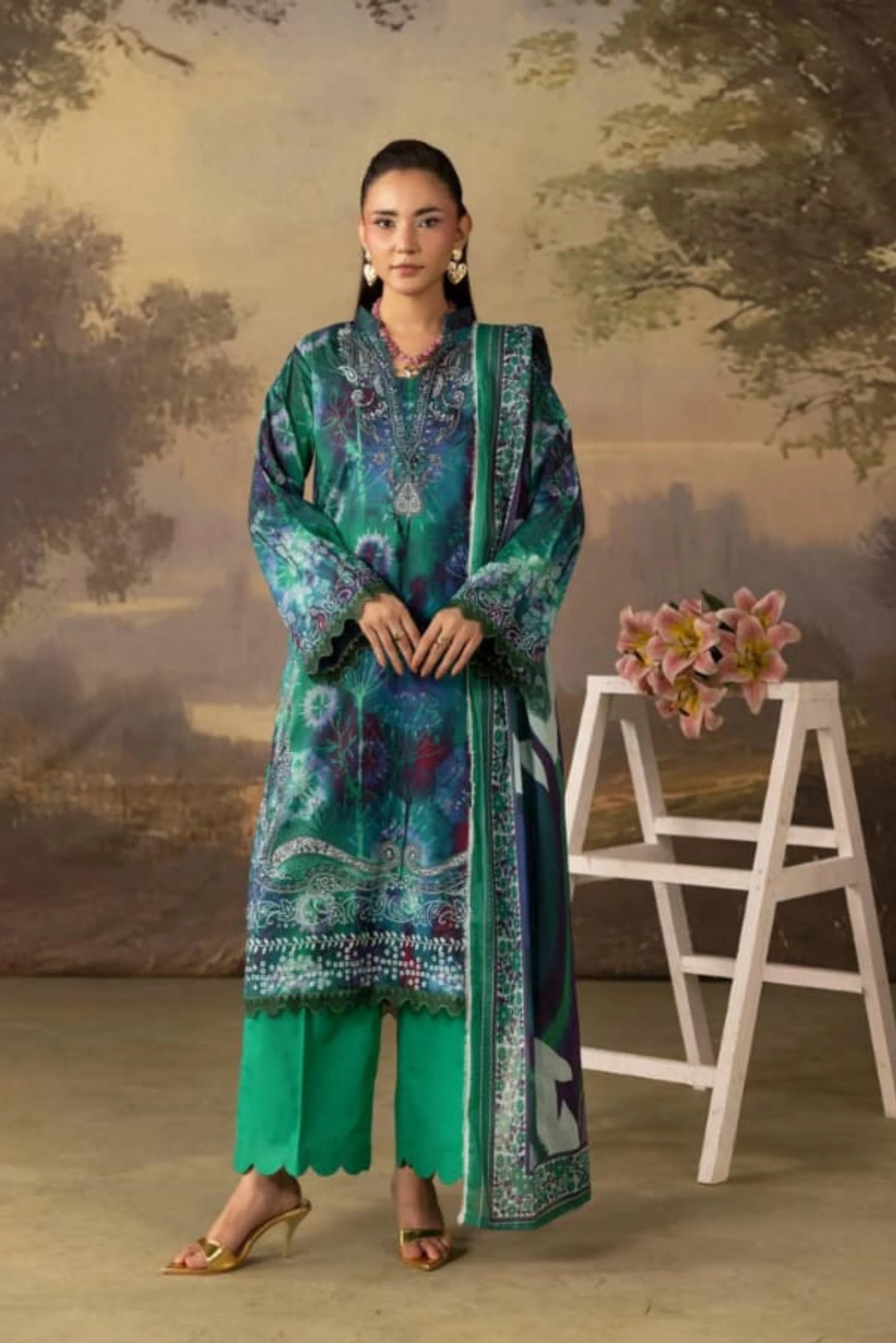 3 Pieces - Rangreza Unstitched Green Lawn Suit