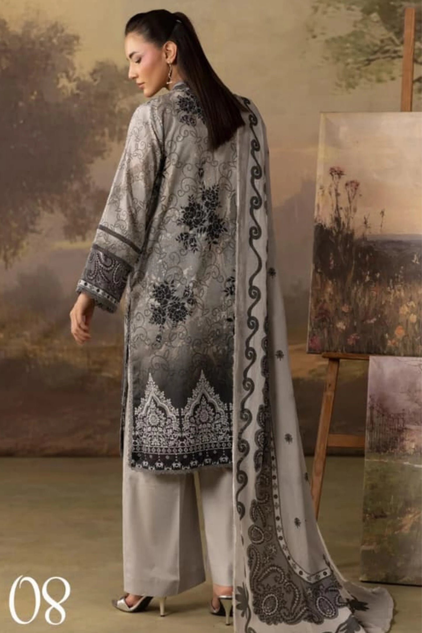 3 Pieces - Rangreza Unstitched Charcoal Grey Lawn Suit