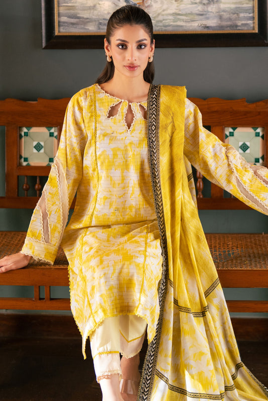 3 Pieces - Regalia Unstitched Pale Yellow Bana Dora Lawn Suit 