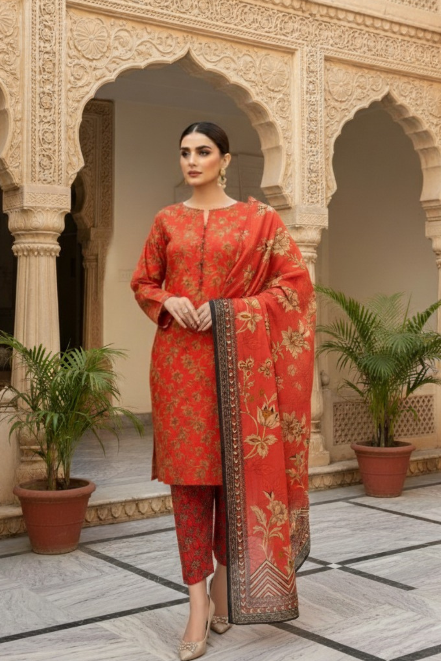 3 Pieces - Marooj Unstitched Redish BanaDora Linen Suit