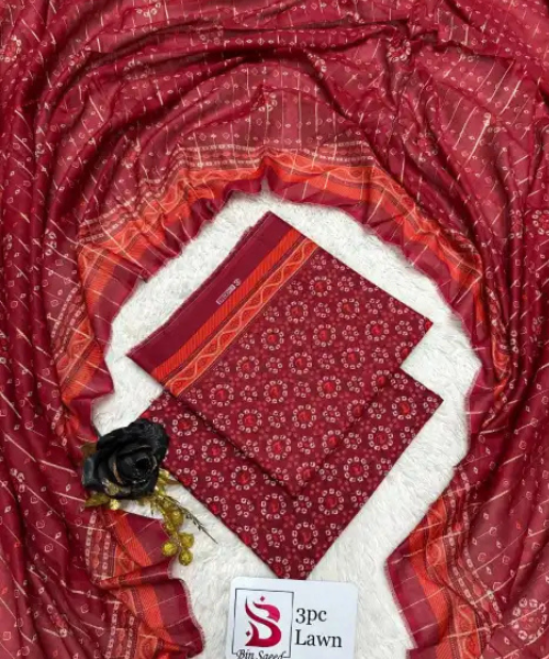 3 Pieces - Bin Saeed Unstitched  Red Ladies Lawn Suit
