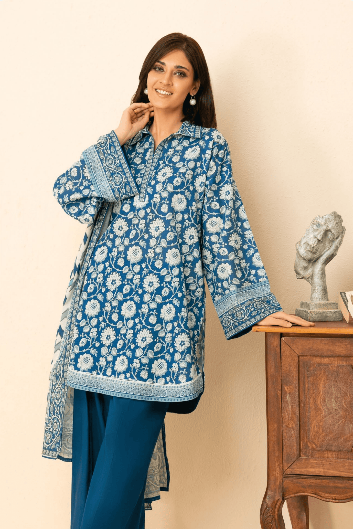 3 Pieces - GulAhmed Unstitched Blue Printed Khaddar Suit