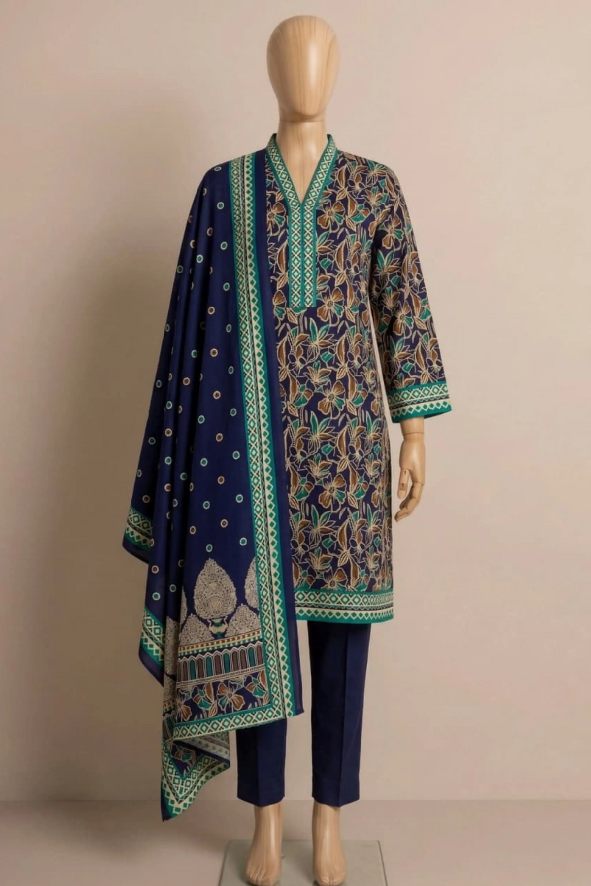 3 Pieces - Rijja By Murashe Unstitched Navy Blue Ladies Khaddar Suit