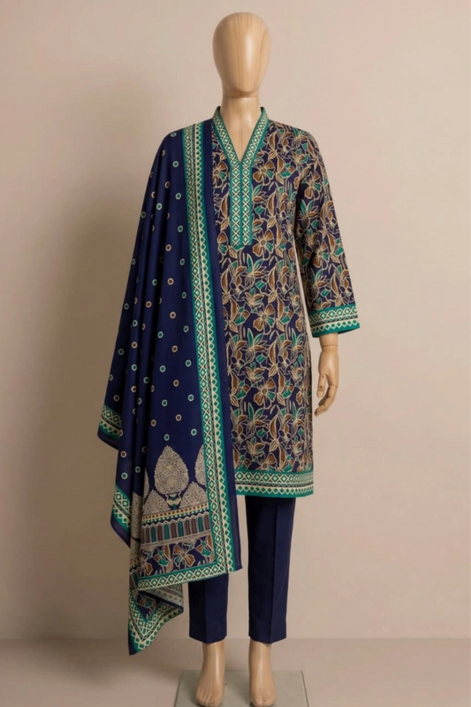 3 Pieces - Rijja By Murashe Unstitched Navy Blue Ladies Khaddar Suit