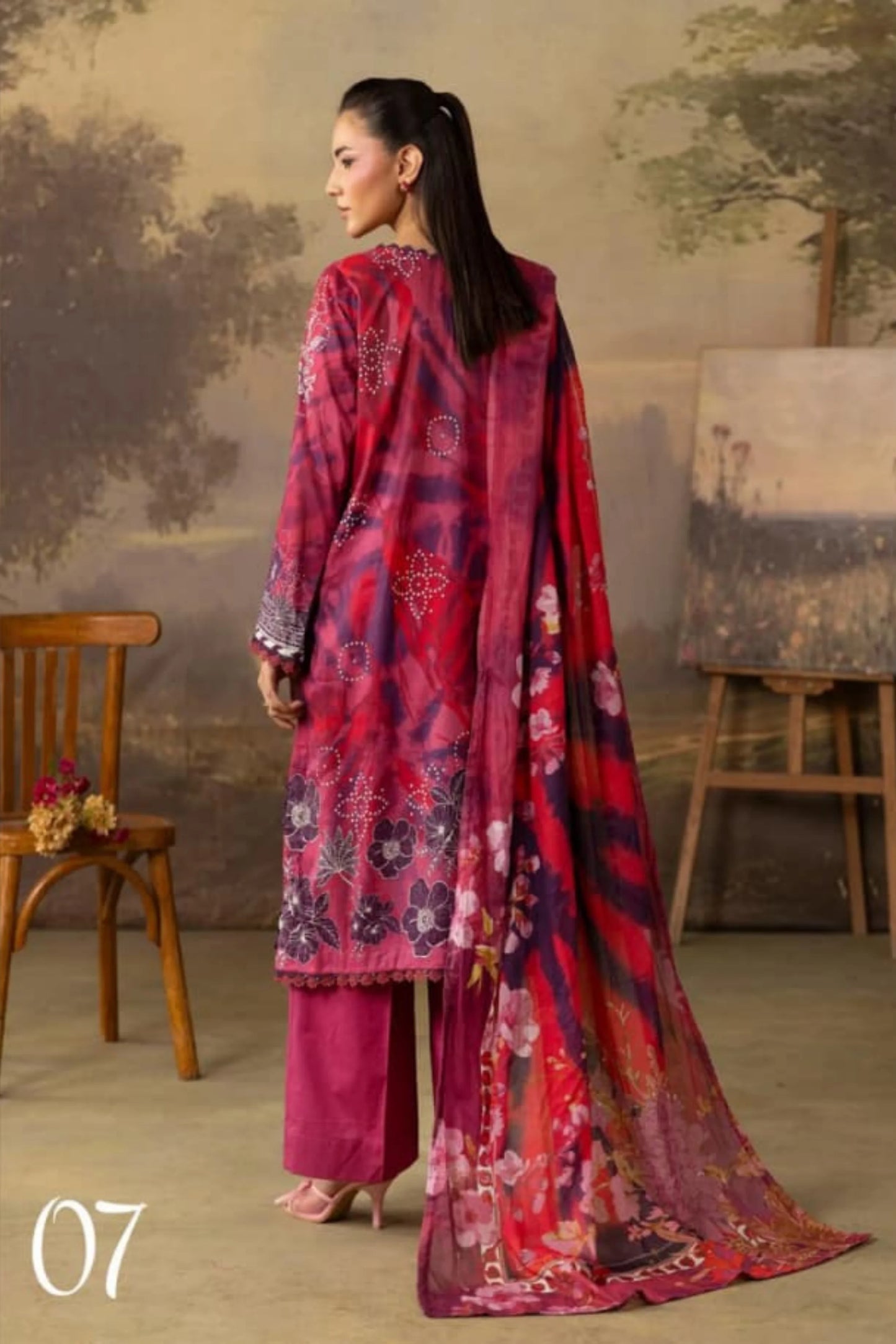 3 Pieces - Rangreza Unstitched Dark Pink Lawn Suit