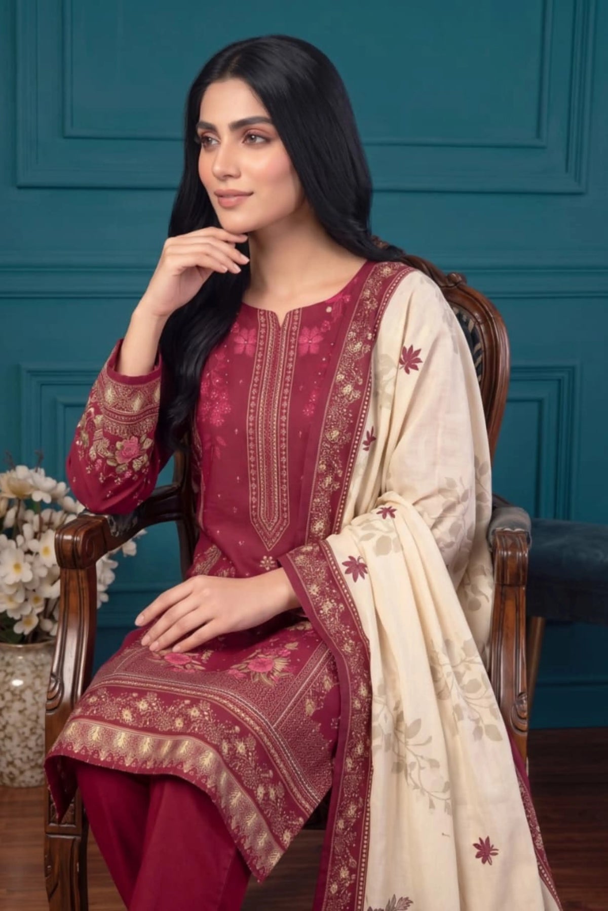 3 Piece - Marooj Ethnic Premium Printed Unstitched Red khaddar Suit