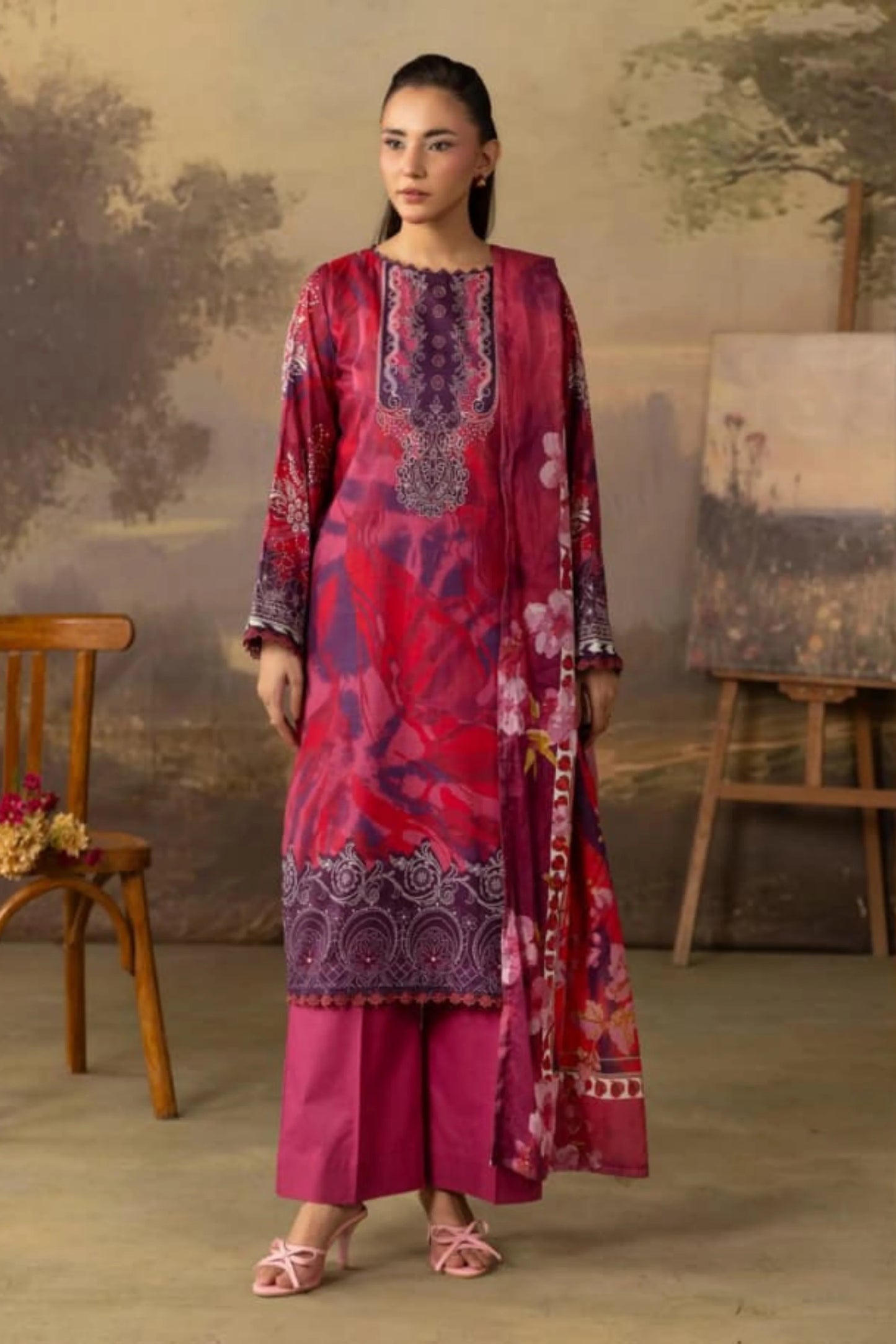 3 Pieces - Rangreza Unstitched Dark Pink Lawn Suit