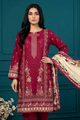 3 Piece - Marooj Ethnic Premium Printed Unstitched Red khaddar Suit