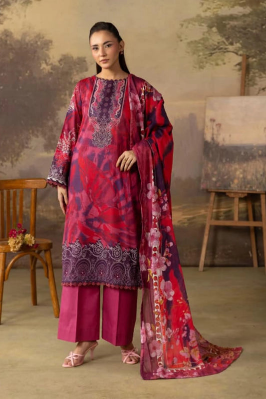 3 Pieces - Rangreza Unstitched Dark Pink Lawn Suit