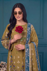 3 Piece - Marooj Ethnic Premium Printed Unstitched Olive Green khaddar Suit