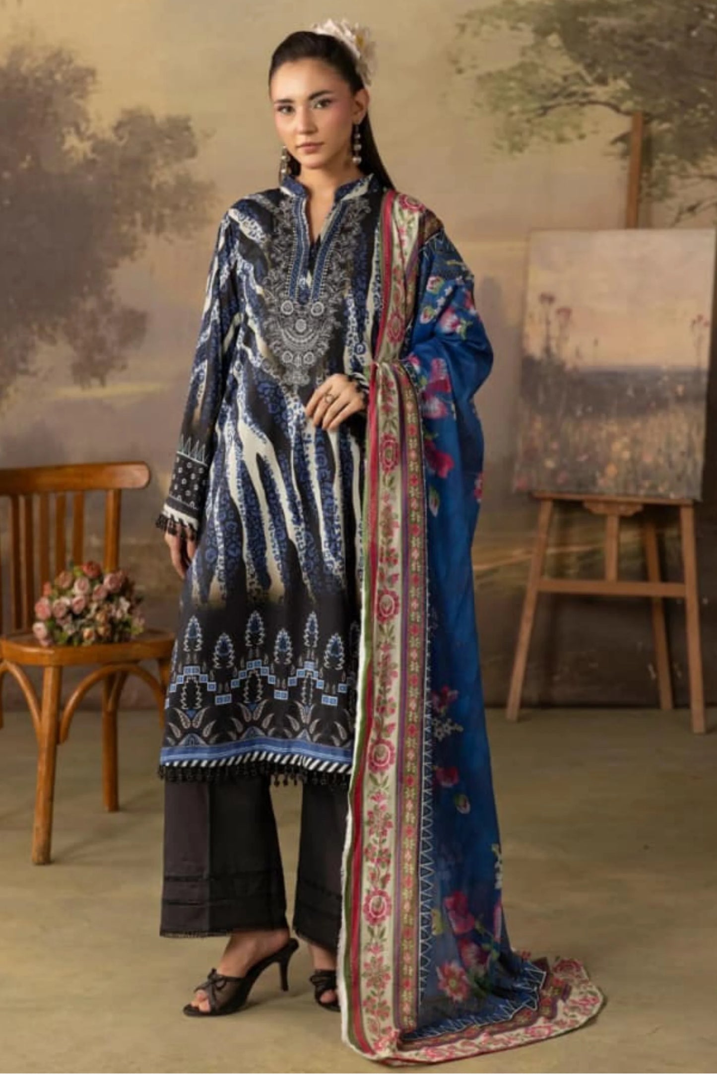 3 Pieces - Rangreza Unstitched Black Lawn Suit