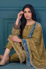 3 Piece - Marooj Ethnic Premium Printed Unstitched Olive Green khaddar Suit