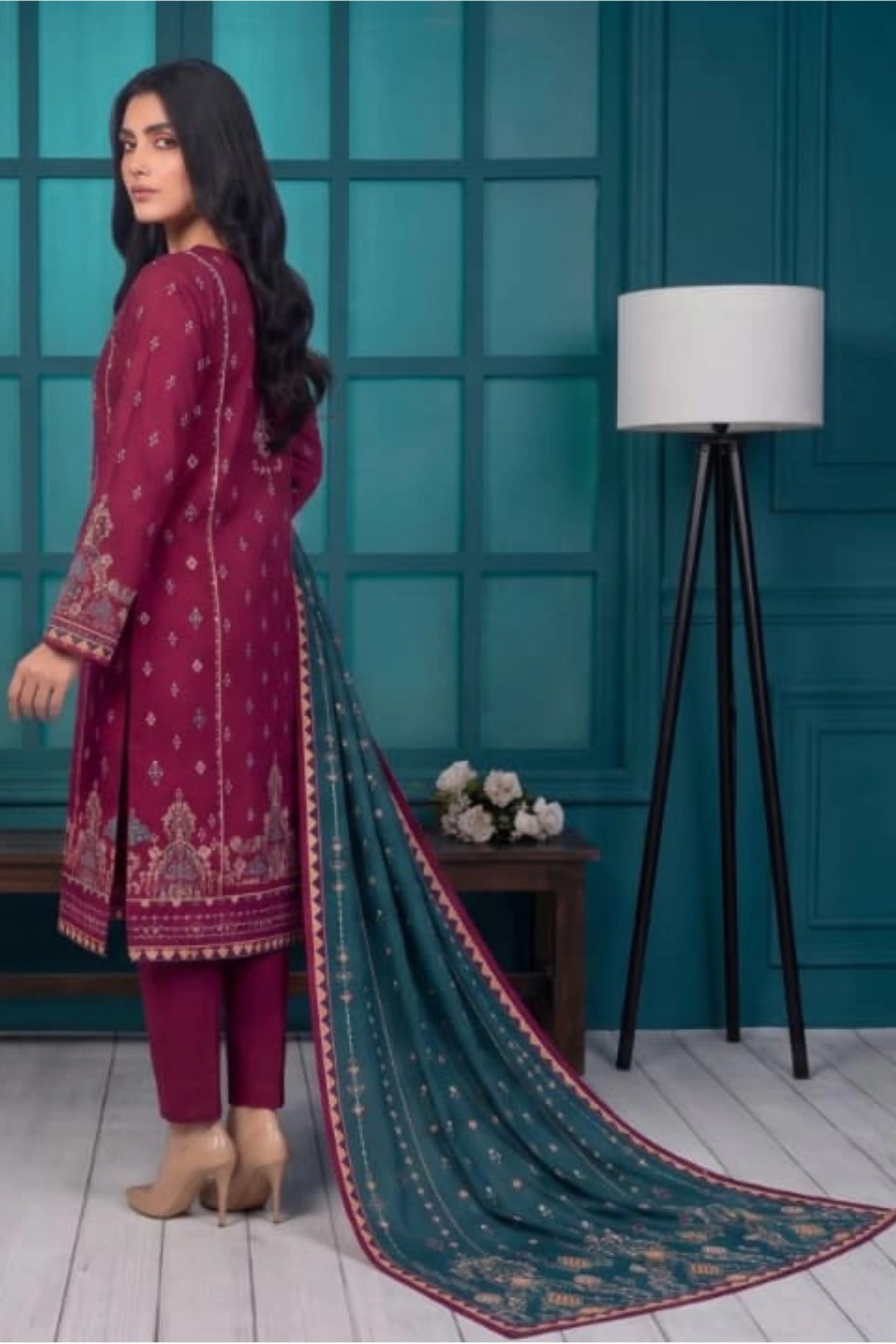 3 Piece - Marooj Ethnic Premium Printed Unstitched Plum khaddar Suit