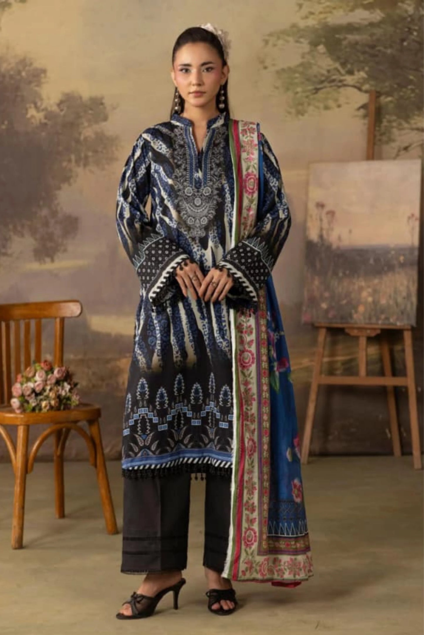 3 Pieces - Rangreza Unstitched Black Lawn Suit