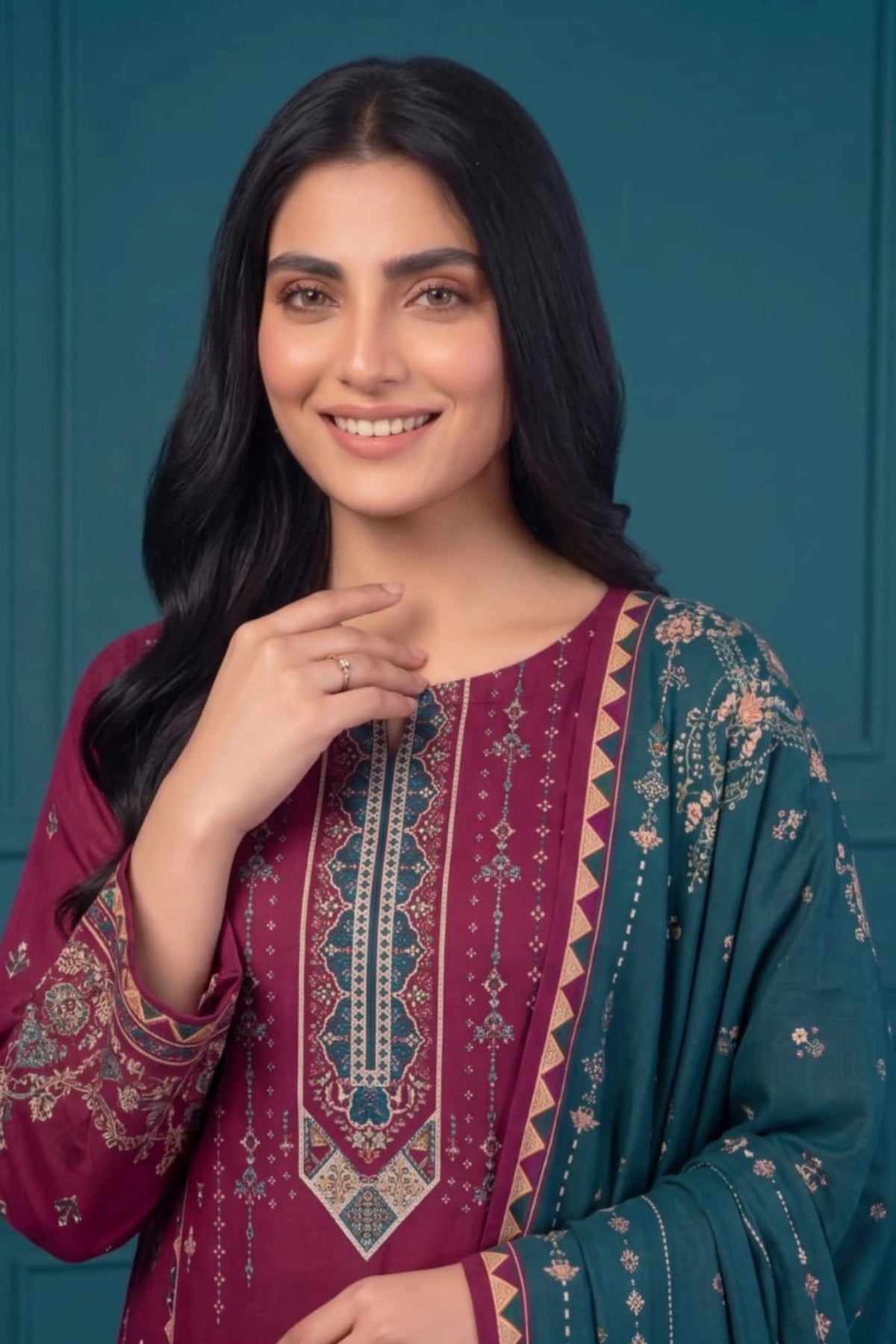 3 Piece - Marooj Ethnic Premium Printed Unstitched Plum khaddar Suit